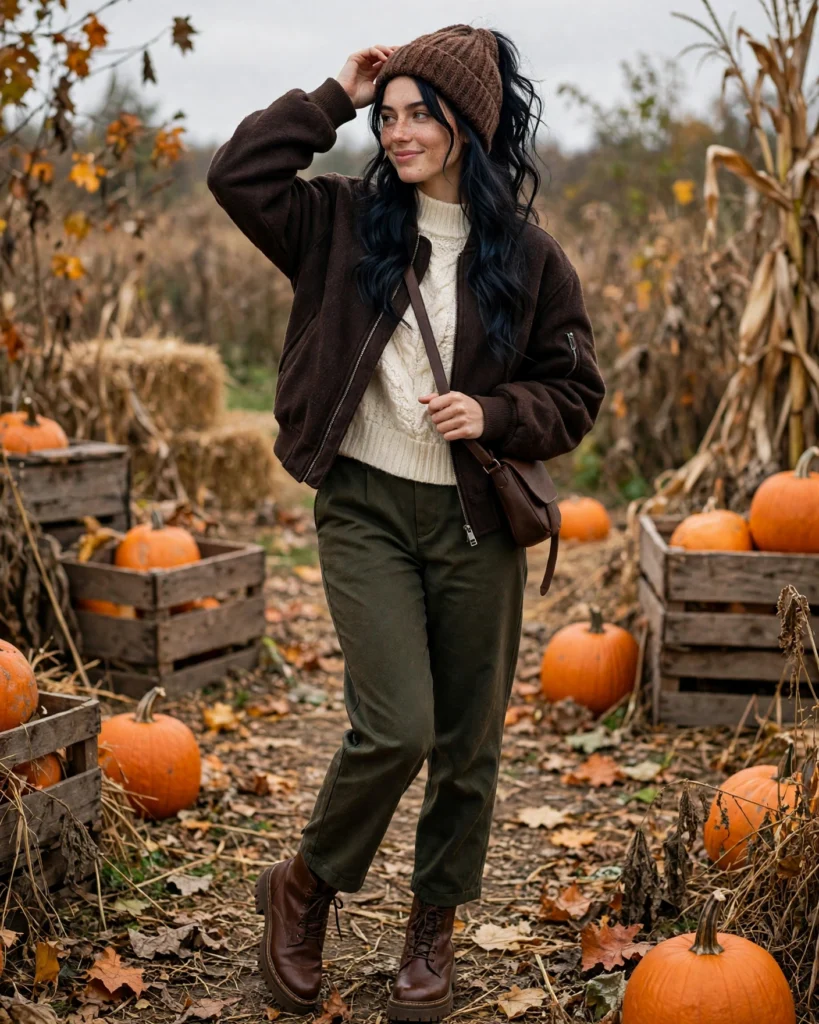 Wool Bomber Jacket with a Thick Mock-Neck Sweater Cold Pumpkin Patch Outfit