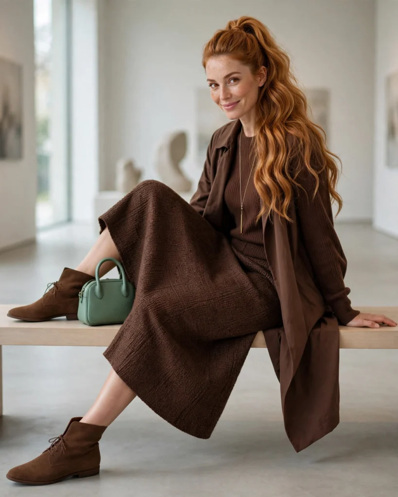 Art Gallery Outfit with a Monochrome Knit and Midi Skirt Fall Travel Outfit