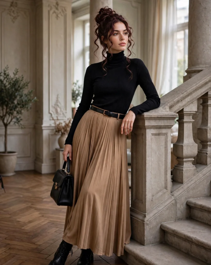 21 Nice Fall Outfits for 2026: Chic, Classy & Effortless Looks 16 Black Turtleneck with a Camel Pleated Maxi Skirt Nice Fall Outfit