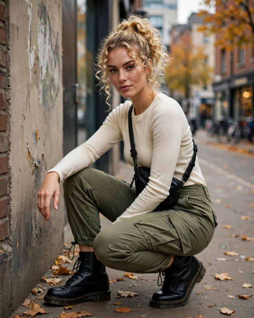 Cargo Pants with a Fitted Long-Sleeved Top Doc Martens Fall Outfit