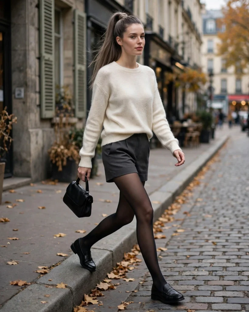 Cashmere-Style Sweater with Tailored Shorts and Tights Fall Sweater Outfit