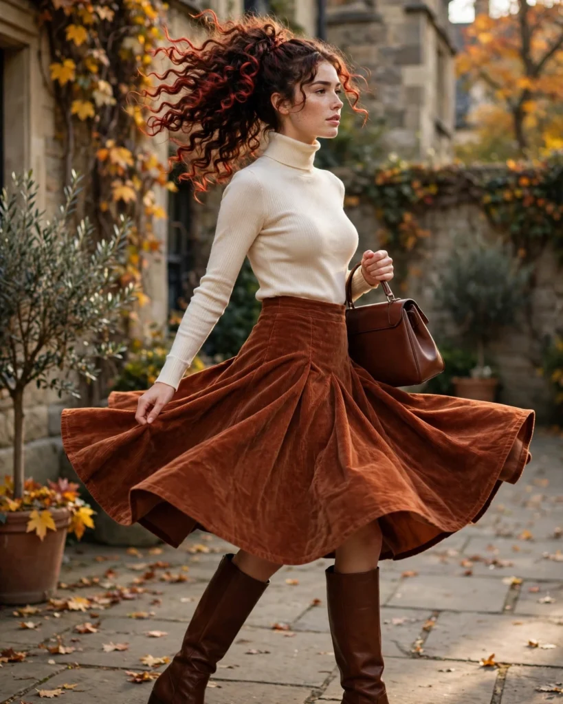 Corduroy Skirt with a Turtleneck and Tall Boots Fall to Winter Outfit