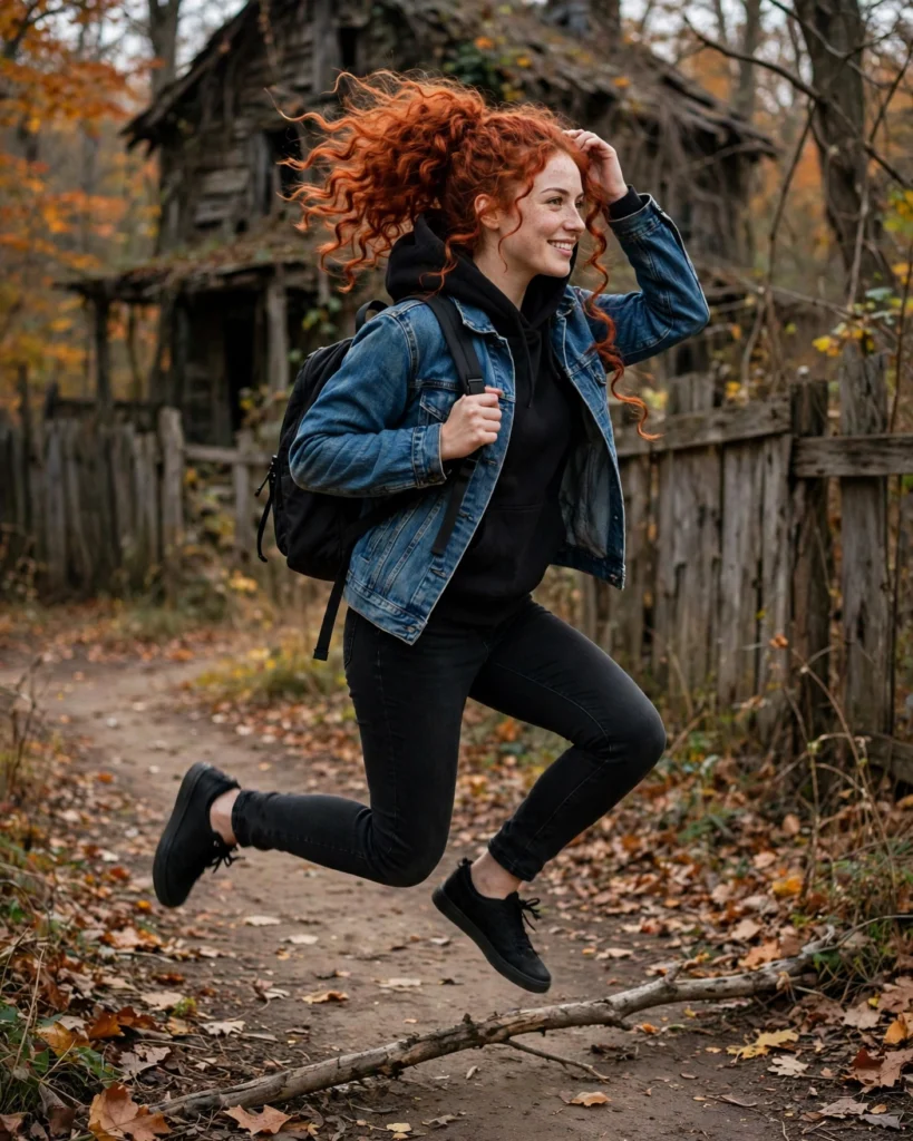 21 Haunted House Outfits for Women: Cute, Spooky & Comfortable Ideas 16 Denim Jacket with a Black Hoodie Haunted House Outfit