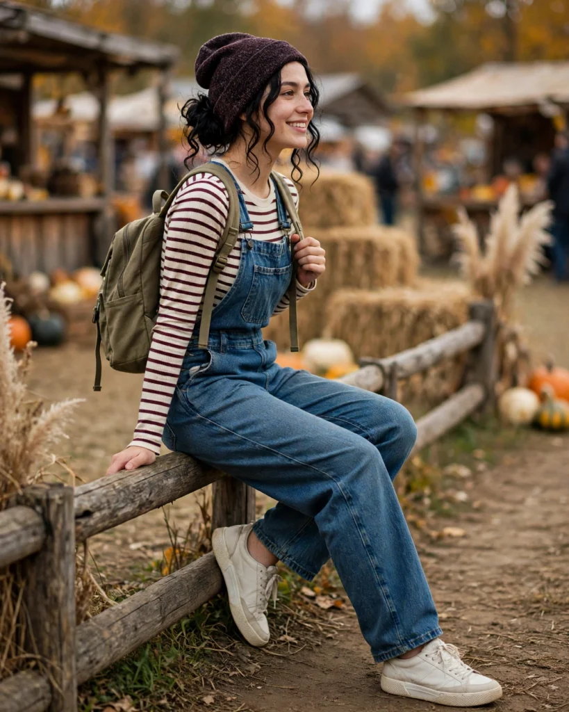 21 Fall Festival Outfits for Women: Cute & Chic Looks for Autumn 17 Denim Overalls with a Striped Long-Sleeved Top Fall Festival Outfit