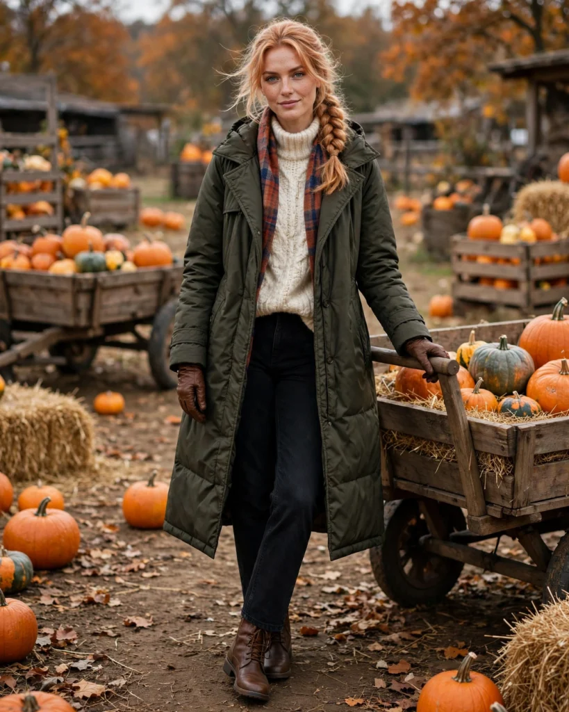 Insulated Trench Coat with a Wool Sweater and Jeans Cold Pumpkin Patch Outfit