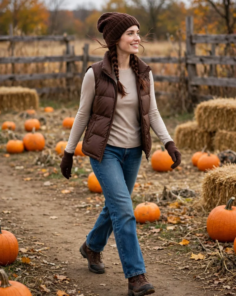 Jeans with a Puffer Vest Pumpkin Patch Outfit with Jeans