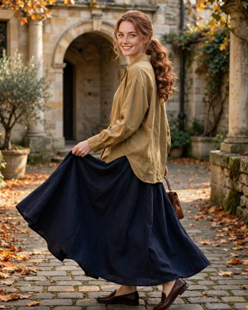 22 Modest Fall Outfits: Elegant and Chic Looks for Every Occasion 17 Oversized Blouse with a Floor-Length A-Line Skirt Modest Fall Outfit