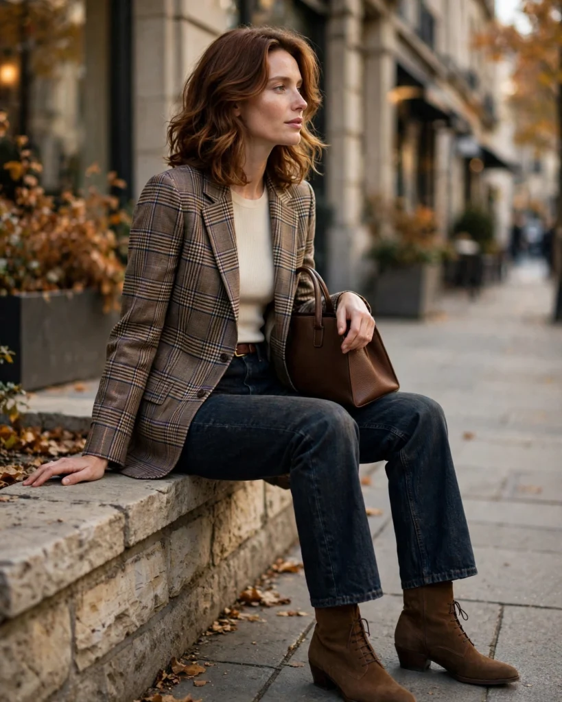 Plaid Blazer with Dark Denim Fall Outfit for Women in Their 30s