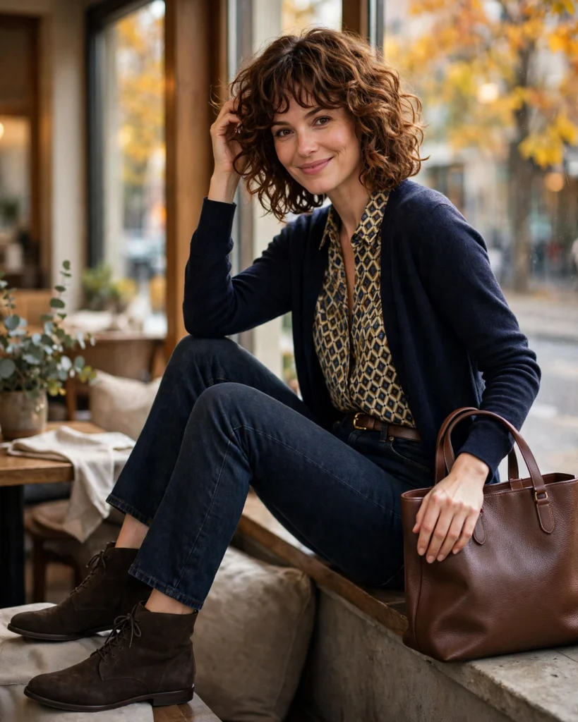 20 Fall Mom Outfits 2026: Cozy, Chic & Casual Ideas 16 Mom Outfit with a Printed Blouse and Dark Denim Fall Mom Outfit