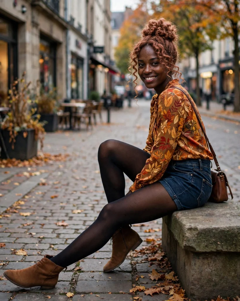 Printed Blouse with Relaxed Denim Shorts and Tights Casual Fall Outfit