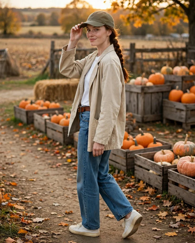 21 Casual Pumpkin Patch Outfits: Cute & Comfortable Fall Looks 17 Relaxed Denim with a Baseball Cap Casual Pumpkin Patch Outfit