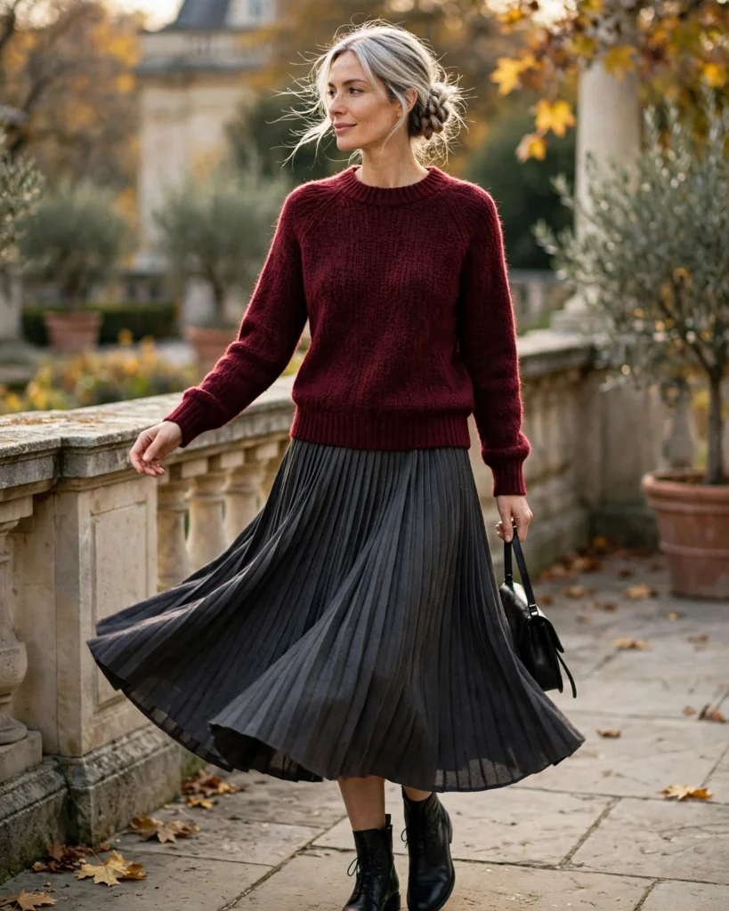 Burgundy Sweater with a Pleated Midi Skirt Fall Outfit for Women in Their 30s