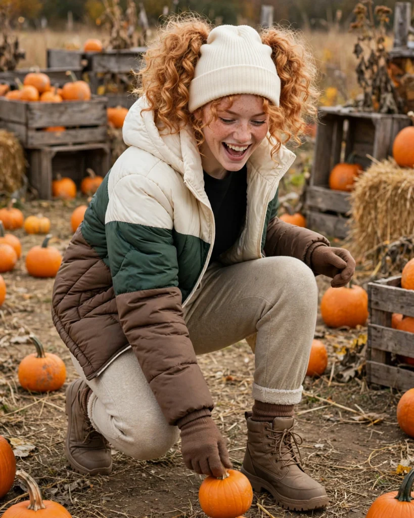 Color-Blocked Puffer Jacket with Thermal Joggers Cold Pumpkin Patch Outfit