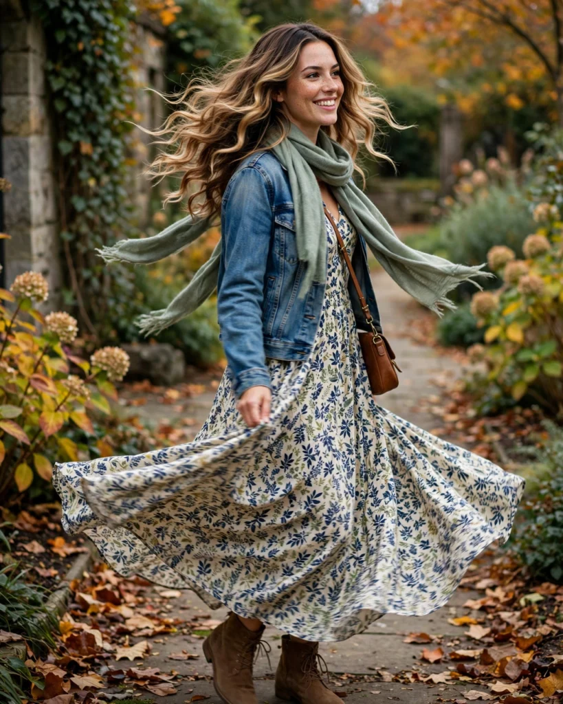 21 Must-Have Fall Outfits: Chic Looks to Wear All Season 18 Denim Jacket with a Printed Maxi Dress Must-Have Fall Outfit