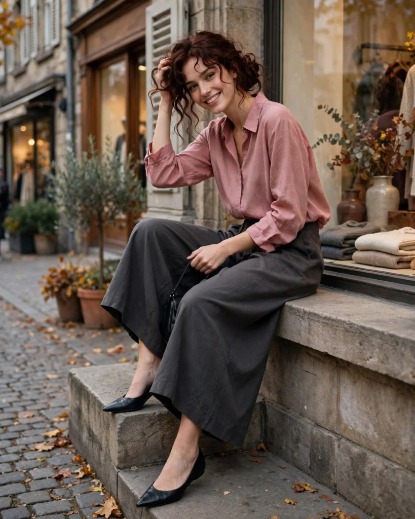 21 Nice Fall Outfits for 2026: Chic, Classy & Effortless Looks 17 Dusty Rose Blouse with Charcoal Culottes Nice Fall Outfit