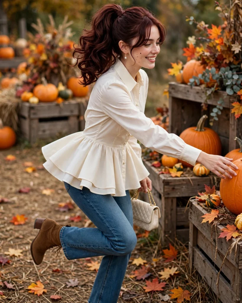 Fitted Jeans with a Peplum Top Pumpkin Patch Outfit with Jeans