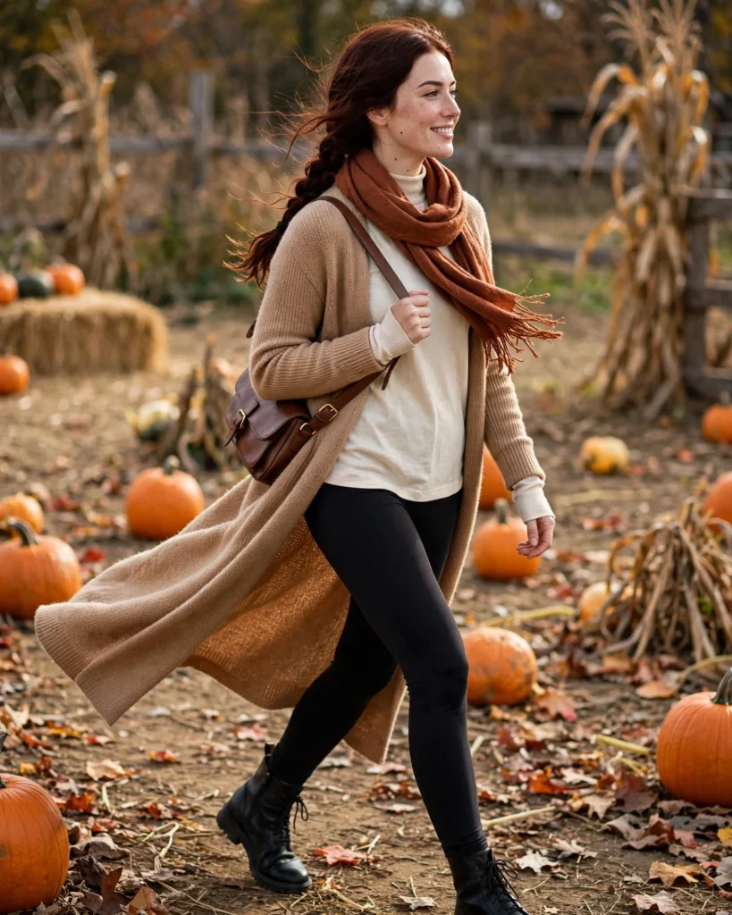 21 Pumpkin Patch Outfits with Black Boots: Cute & Chic Fall Looks 18 Leggings with a Long Cardigan and Black Boots Pumpkin Patch Outfit with Black Boots