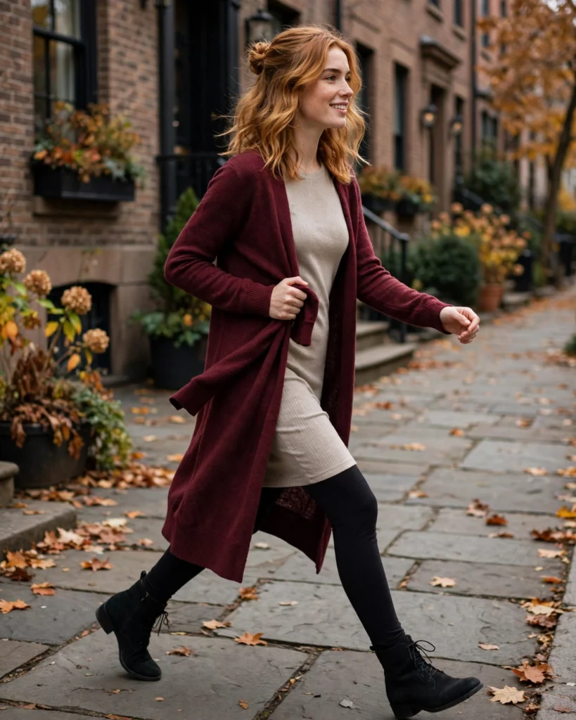 Long Cardigan with a Fitted Top and Leggings Simple Fall Outfit
