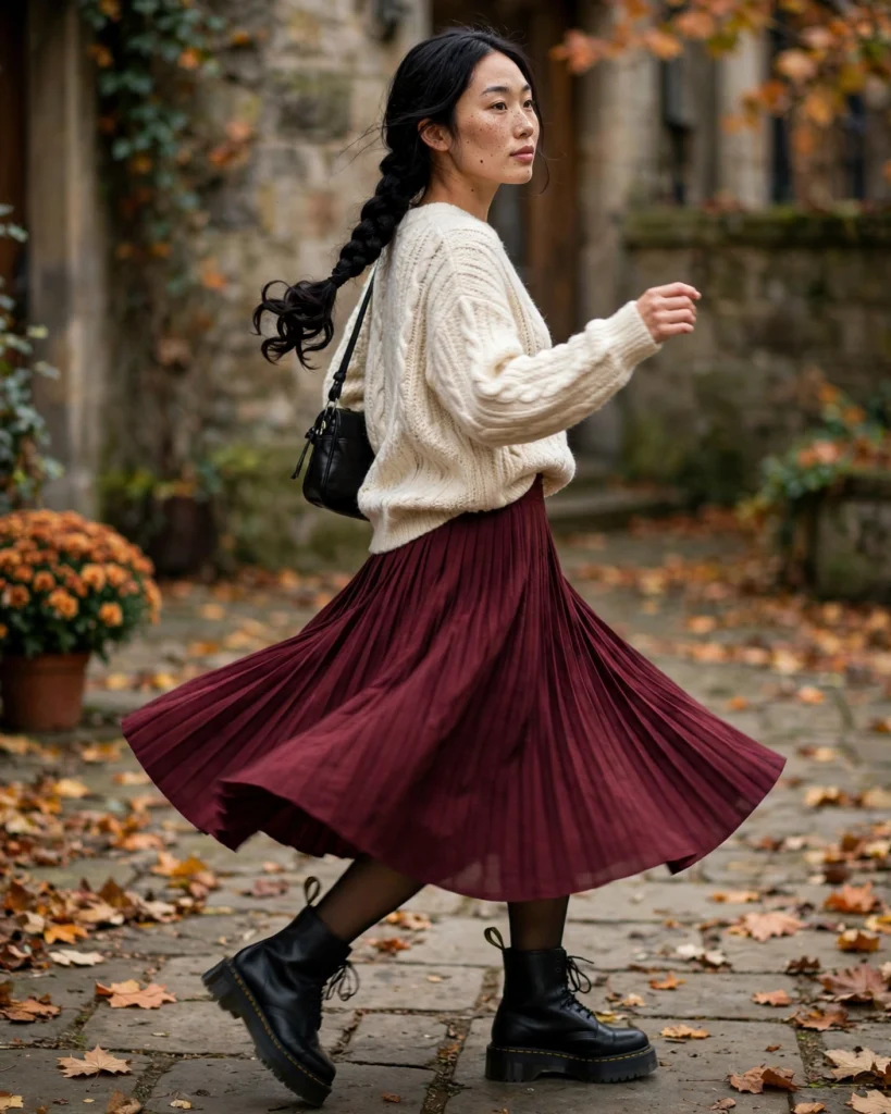 Pleated Midi Skirt with a Chunky Knit Doc Martens Fall Outfit