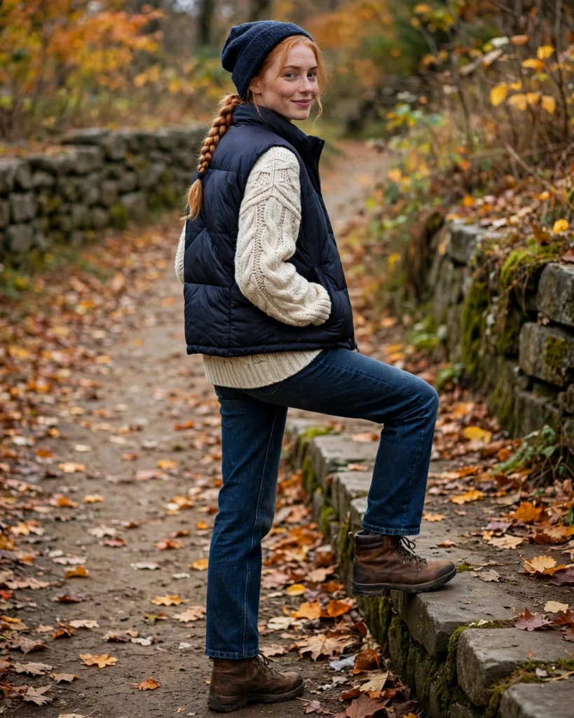Puffer Vest with a Chunky Knit and Jeans Fall to Winter Outfit