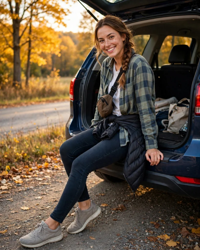 Scenic Road-Trip Outfit with a Flannel Shirt and Stretch Jeans Fall Travel Outfit