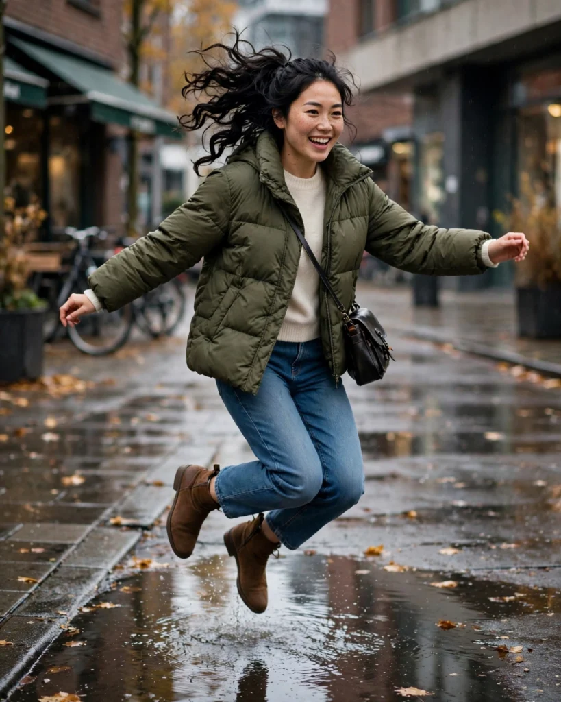 Short Puffer Coat with Jeans and Ankle Boots Fall Coat Outfit