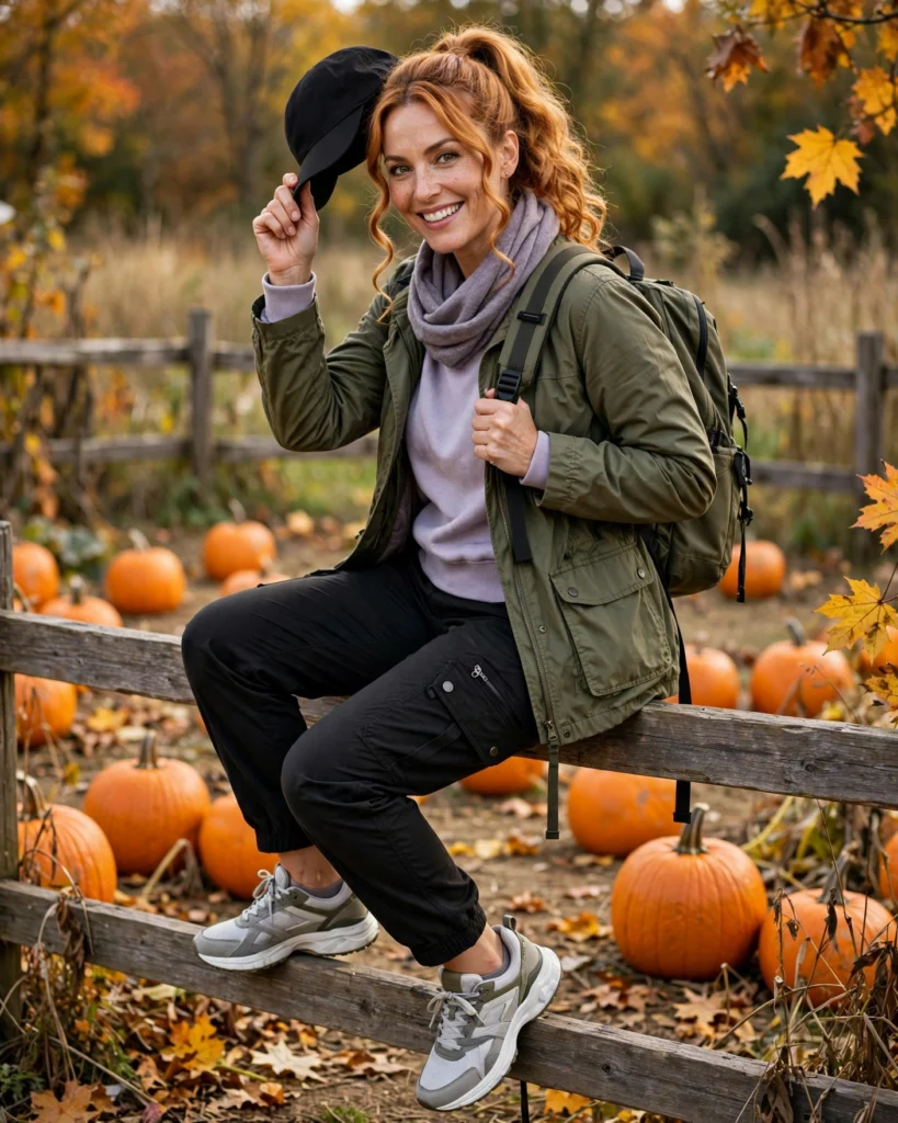 20 Fall Mom Outfits 2026: Cozy, Chic & Casual Ideas 17 Outdoor Family Activity Outfit with a Sweatshirt and Utility Jacket Fall Mom Outfit