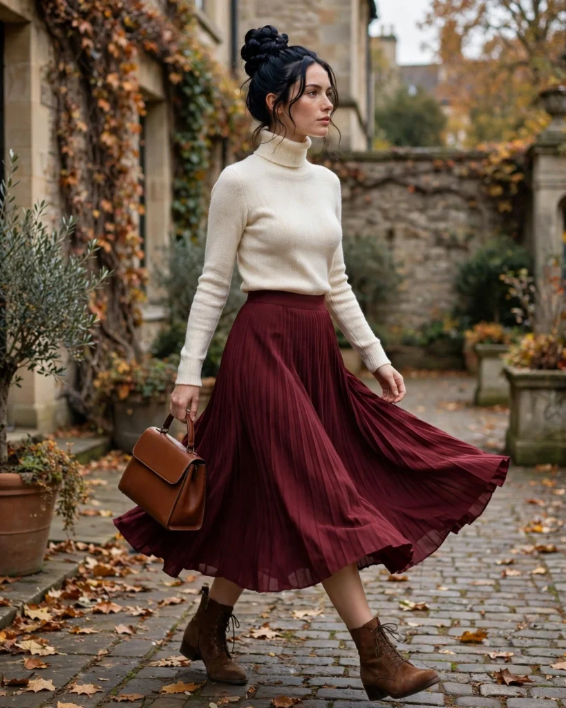 Turtleneck Sweater with a Pleated Midi Skirt Fall Sweater Outfit