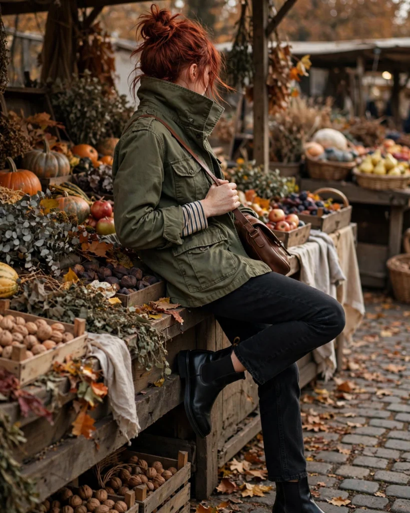 Utility Jacket with a Striped Top and Black Jeans Cozy Autumn Outfit