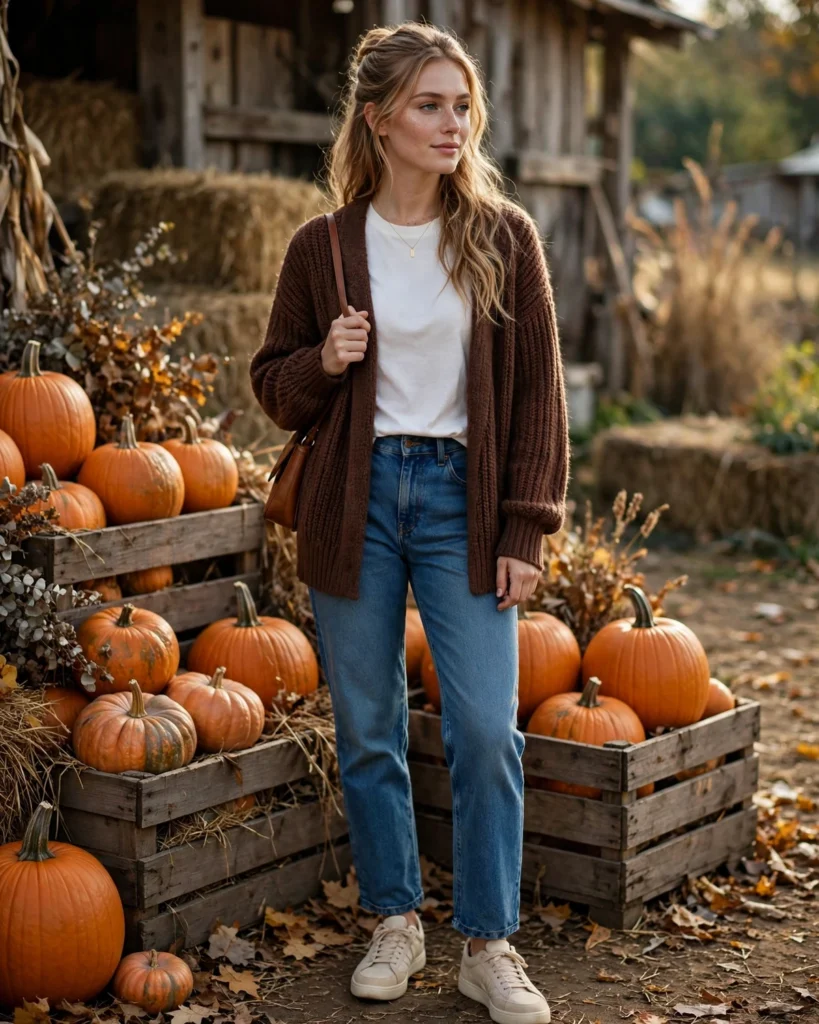 21 Casual Pumpkin Patch Outfits: Cute & Comfortable Fall Looks 19 Basic Tee with a Cardigan and Jeans Casual Pumpkin Patch Outfit
