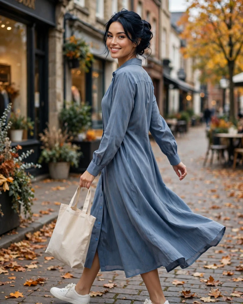 Casual Shirt Dress with Canvas Sneakers Casual Fall Outfit