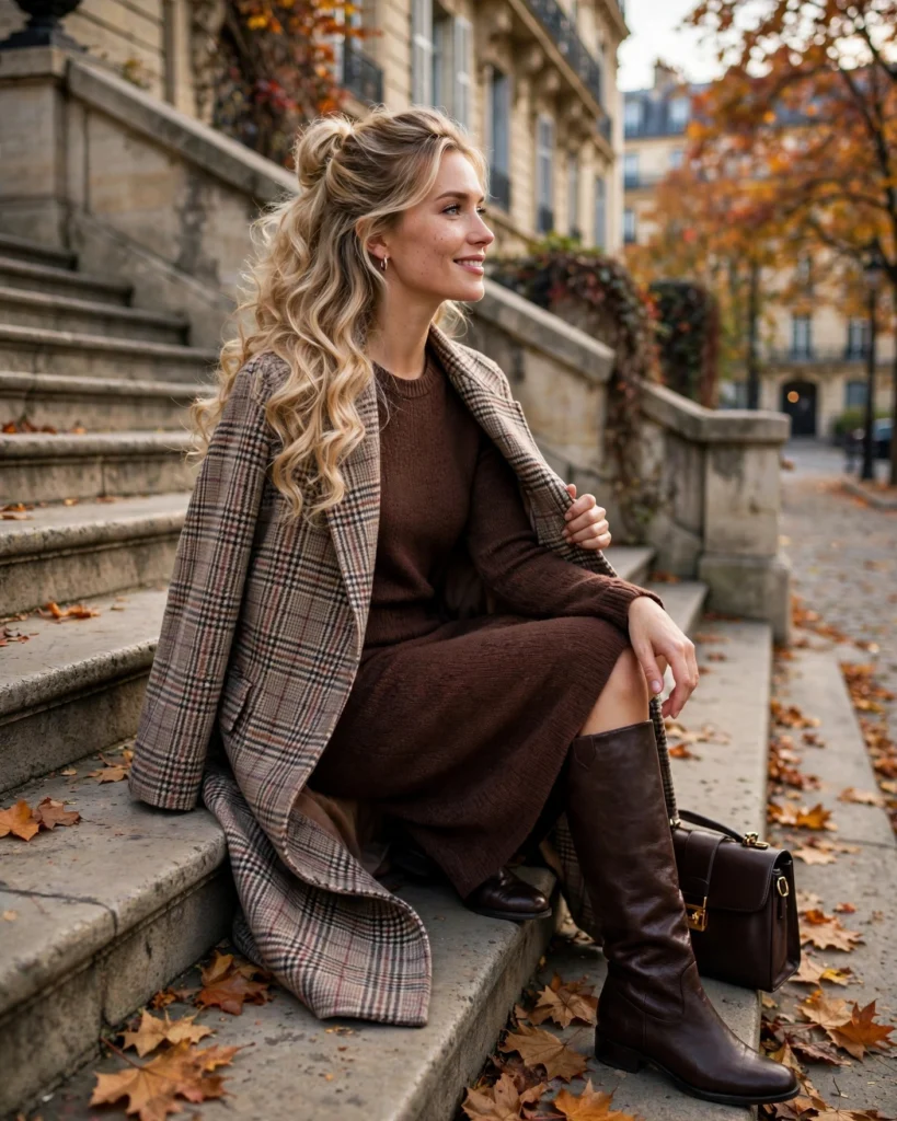 21 Nice Fall Outfits for 2026: Chic, Classy & Effortless Looks 18 Chocolate Knit Dress with a Longline Plaid Coat Nice Fall Outfit