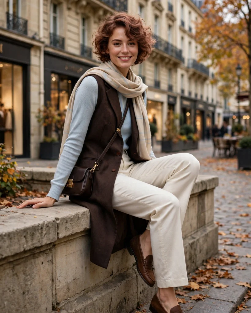 European City Outfit with a Longline Vest and a Fine-Knit Top Fall Travel Outfit