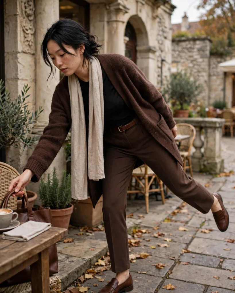 Coatigan with a Fitted Top and Slim Trousers Fall Coat Outfit