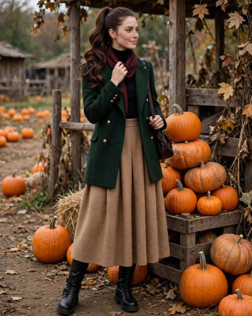 Double-Breasted Coat with a Wool Skirt and Tall Boots Cold Pumpkin Patch Outfit