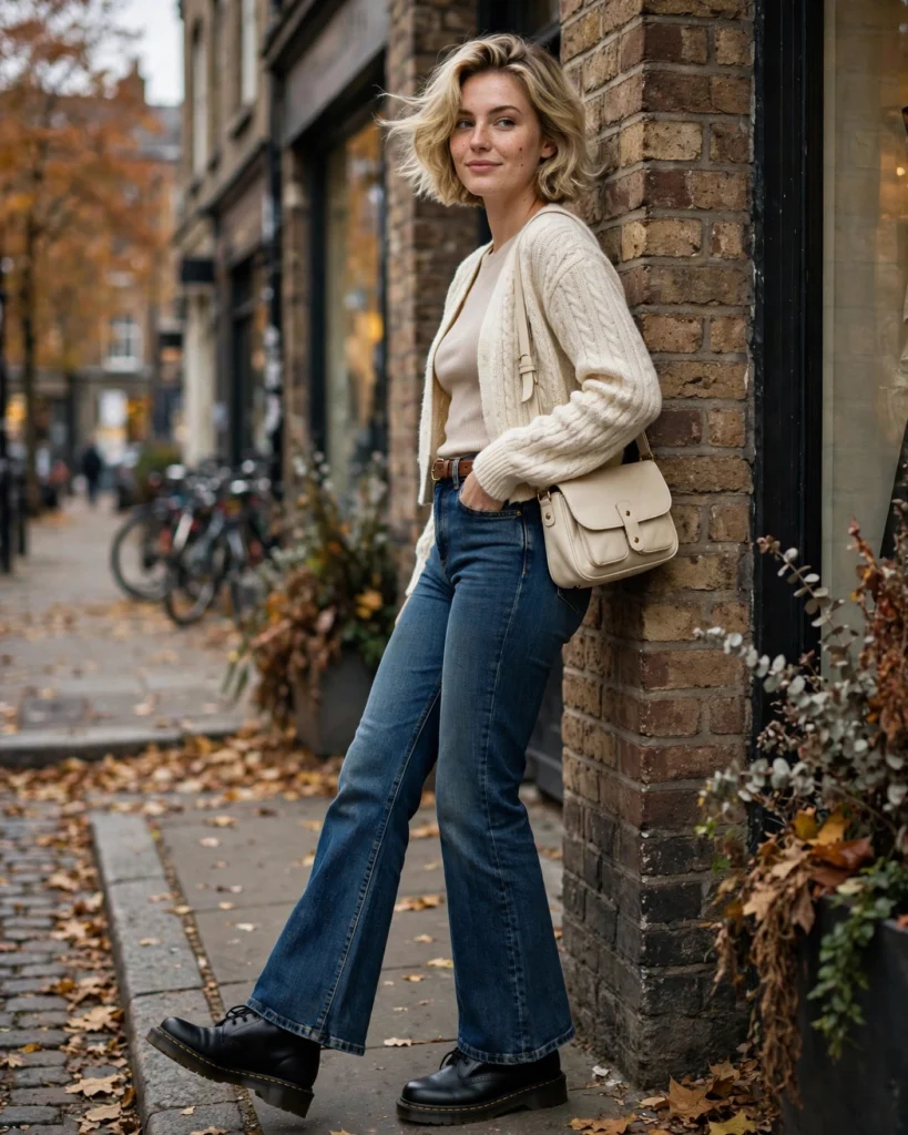 Flared Jeans with a Cropped Cardigan Doc Martens Fall Outfit