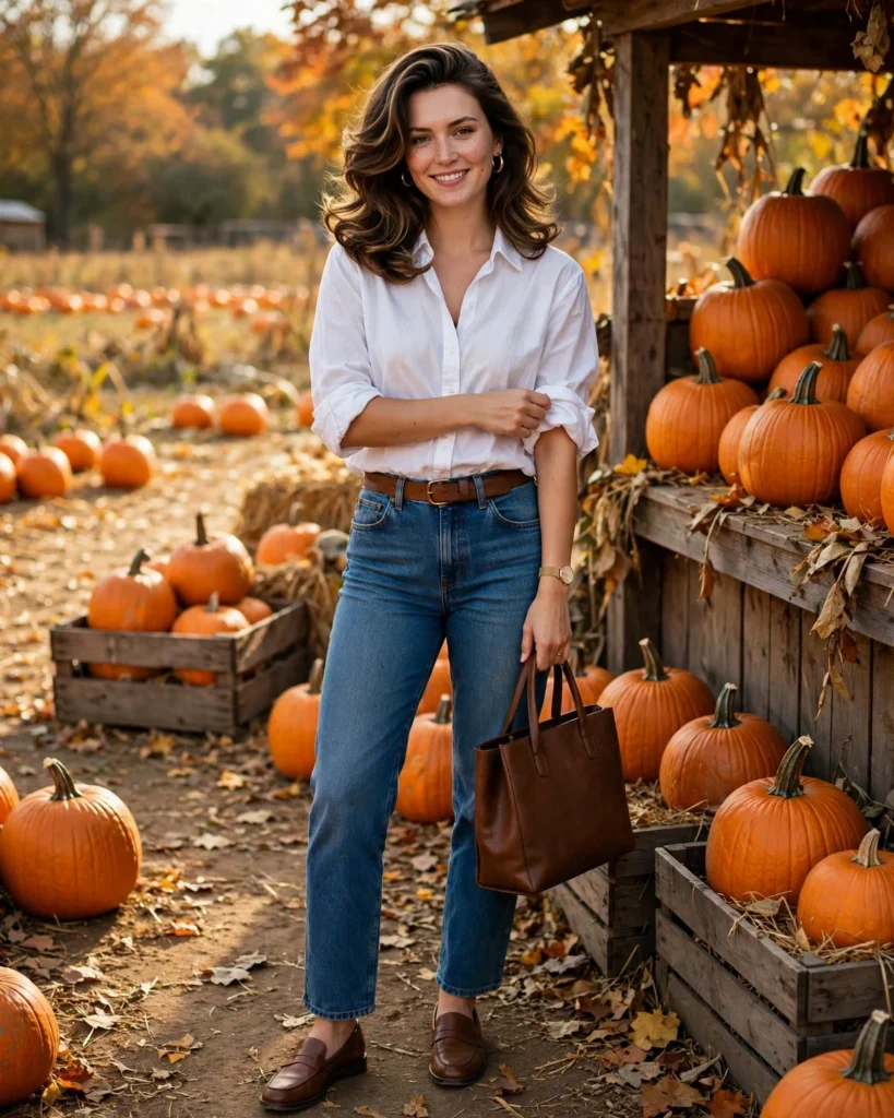 Jeans with a White Button-Down Shirt Pumpkin Patch Outfit with Jeans