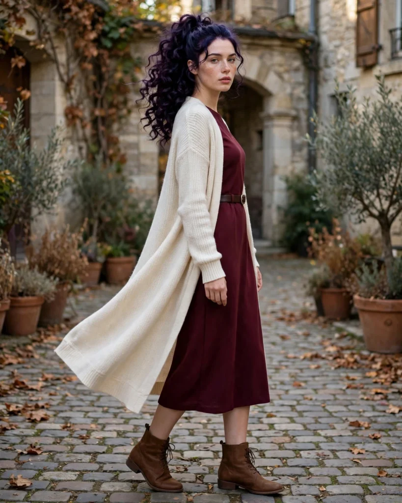 Long Cardigan with a Midi Dress and Boots Fall to Winter Outfit