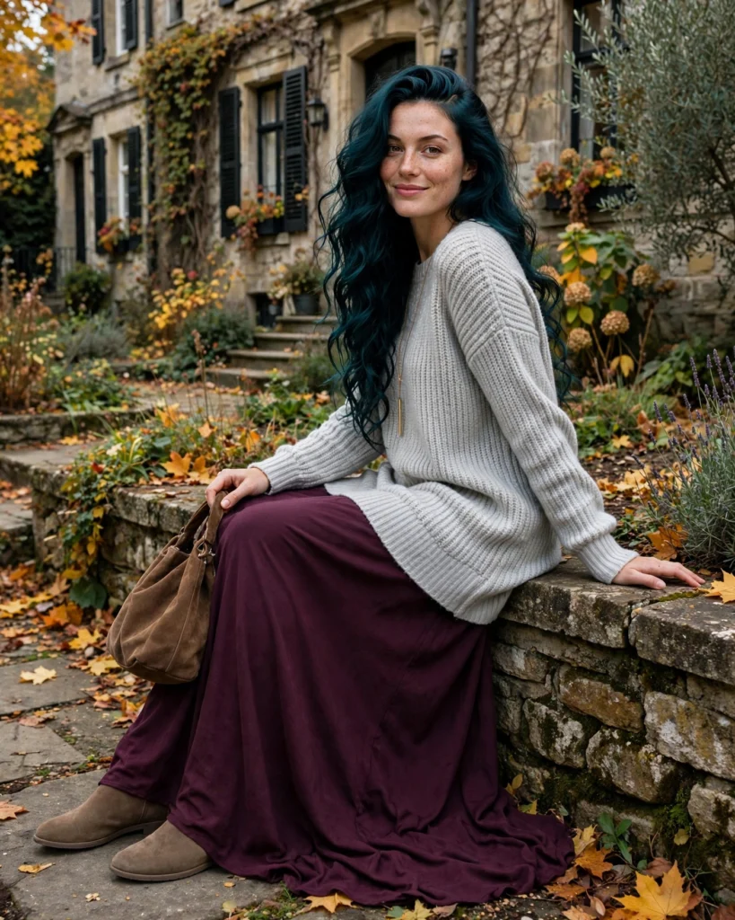 22 Modest Fall Outfits: Elegant and Chic Looks for Every Occasion 19 Long Tunic Sweater with a Flowing Maxi Skirt Modest Fall Outfit