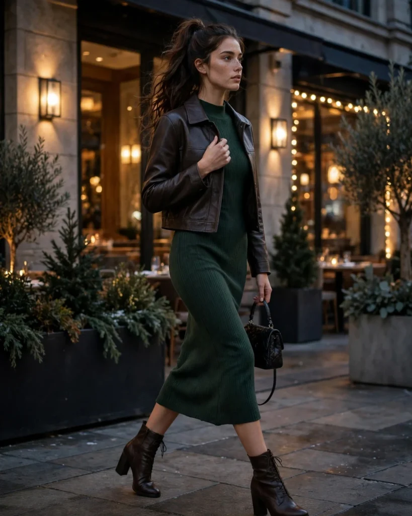 21 Winter Going Out Outfits: Chic Looks for Cold Nights 19 Midi Dress with a Cropped Jacket Winter Going Out Outfit