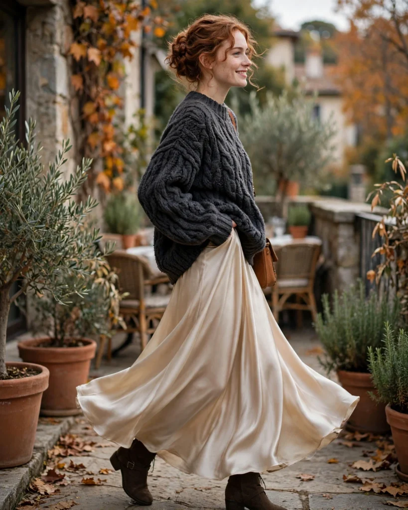 Oversized Sweater with a Satin Maxi Skirt Fall Sweater Outfit