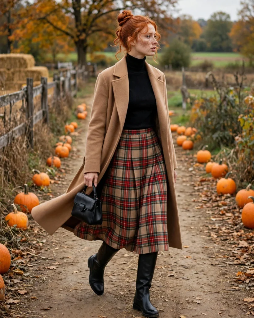 21 Pumpkin Patch Outfits with Black Boots: Cute & Chic Fall Looks 19 Plaid Midi Skirt with a Black Turtleneck Pumpkin Patch Outfit with Black Boots