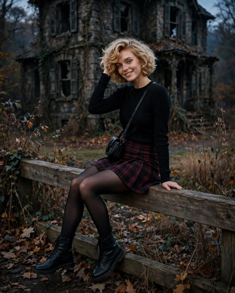 21 Haunted House Outfits for Women: Cute, Spooky & Comfortable Ideas 18 Plaid Mini Skirt with a Black Sweater Haunted House Outfit