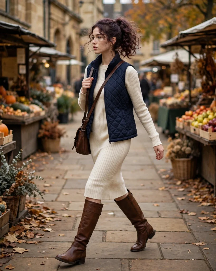 Quilted Vest with a Sweater Dress Fall Vest Outfit