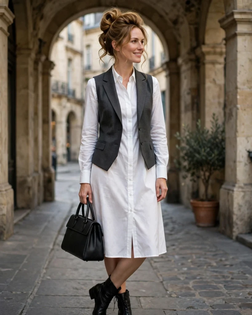 Shirt Dress with a Tailored Vest Fall Outfit for Women in Their 30s