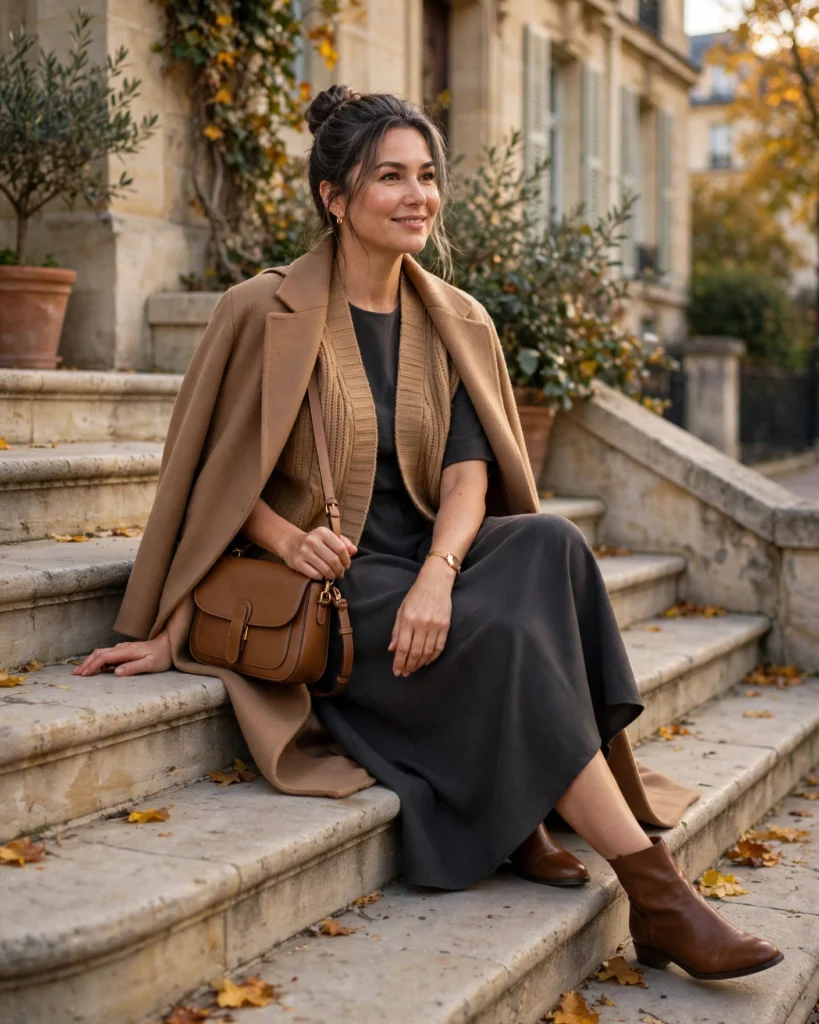 20 Fall Mom Outfits 2026: Cozy, Chic & Casual Ideas 18 Comfortable Mom Outfit with a Sweater Vest and a Midi Dress Fall Mom Outfit