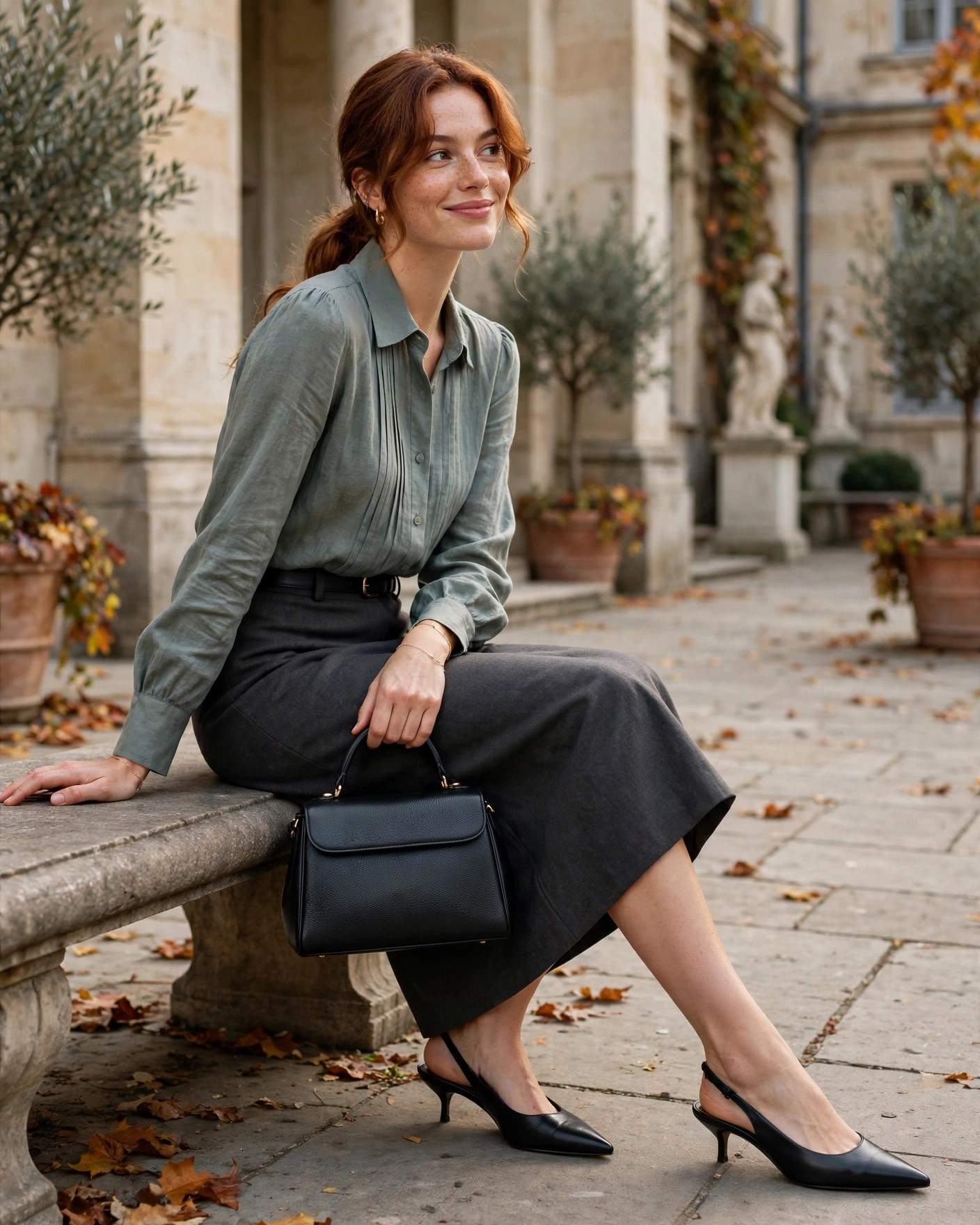 22 Classy Fall Outfits for Women: Elegant Looks to Wear This Season 19 Textured Blouse with Straight Midi Skirt Classy Fall Outfit