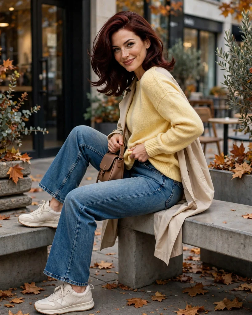 20 Fall Mom Outfits 2026: Cozy, Chic & Casual Ideas 19 Relaxed Mom Outfit with Barrel-Leg Jeans and a Lightweight Knit Fall Mom Outfit
