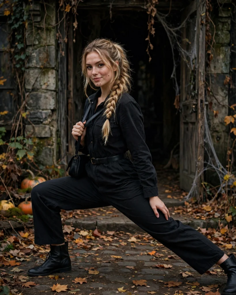 21 Haunted House Outfits for Women: Cute, Spooky & Comfortable Ideas 19 Black Jumpsuit with Comfortable Boots Haunted House Outfit