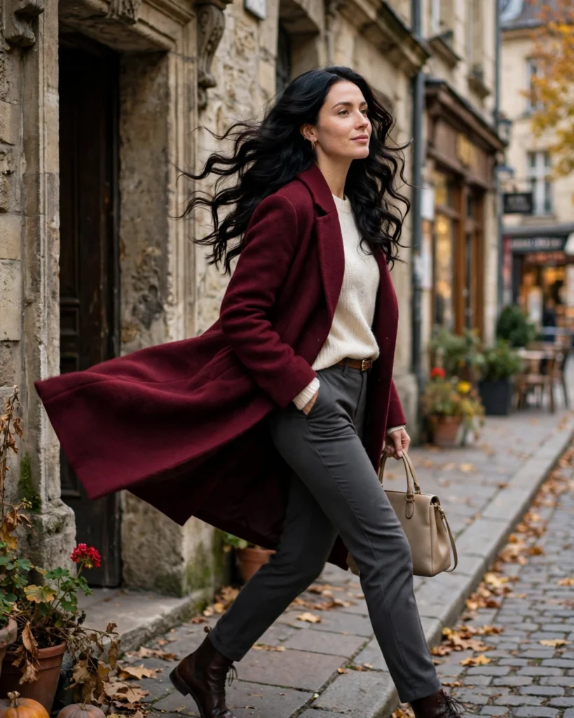Burgundy Coat with Neutral Layers Fall Coat Outfit